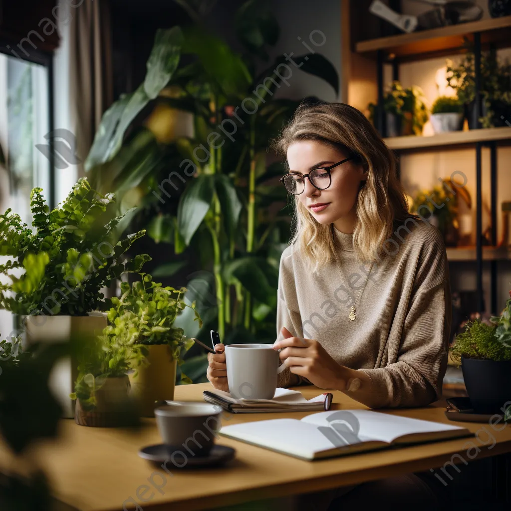 Young professional with coffee, notebook, and planner at a desk - Image 4