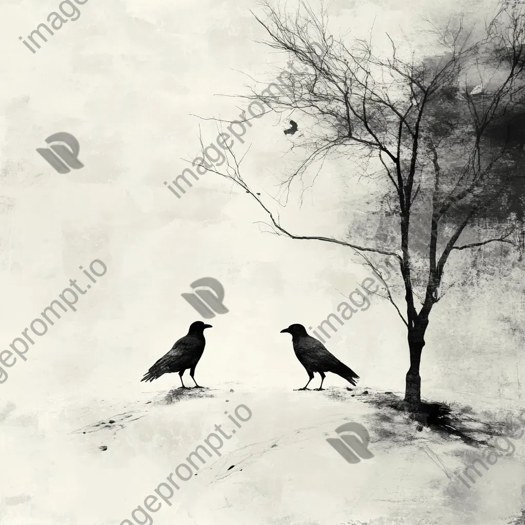 Minimalist digital art of silhouetted crows in a barren winter landscape - Image 1