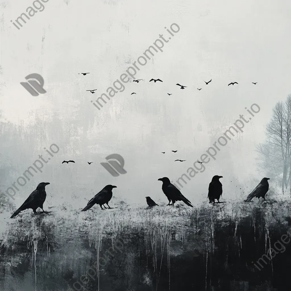 Minimalist digital art of silhouetted crows in a barren winter landscape - Image 4