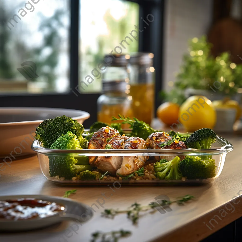 Grilled chicken, brown rice, and broccoli in eco-friendly containers - Image 1