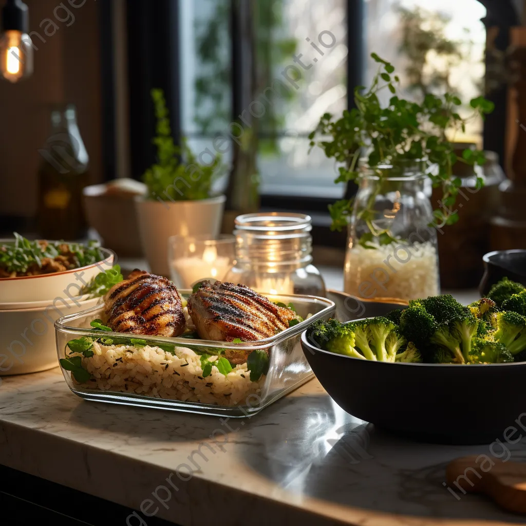 Grilled chicken, brown rice, and broccoli in eco-friendly containers - Image 4