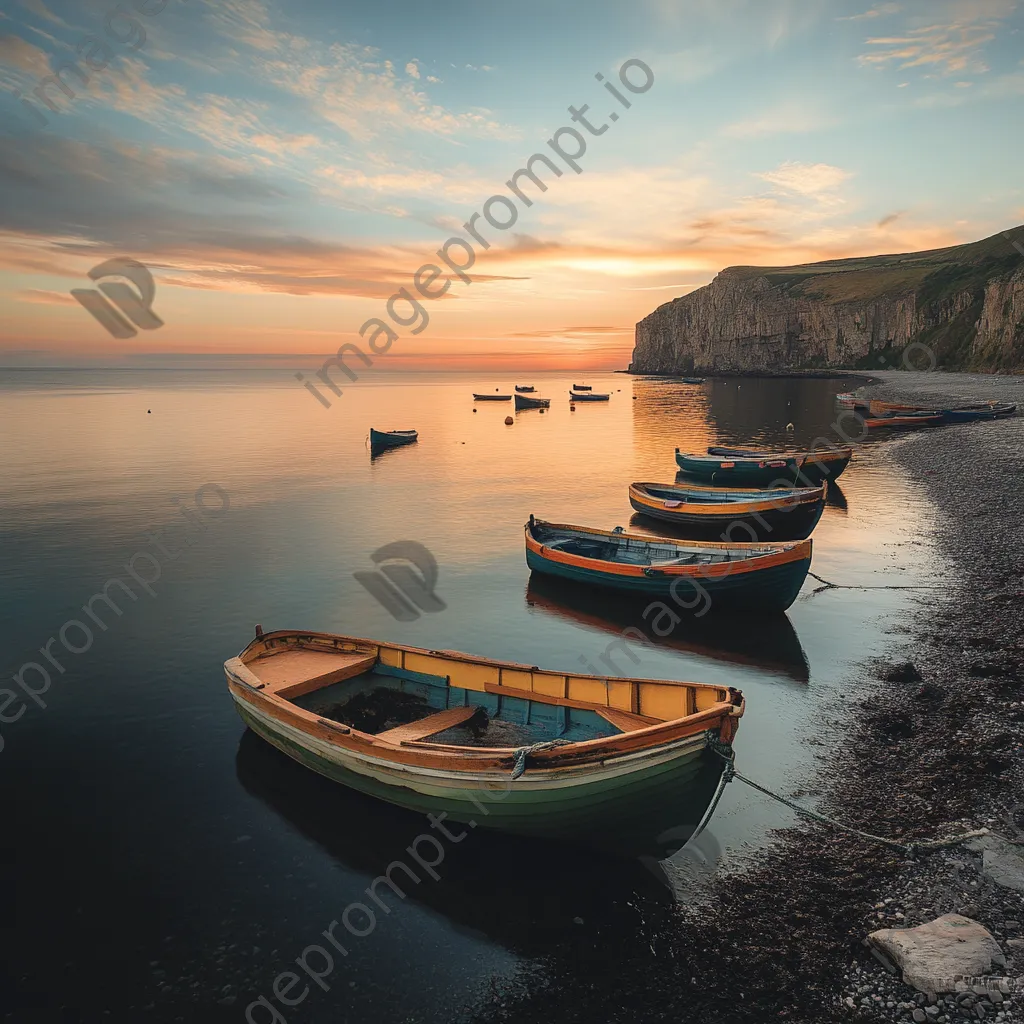 Serene fishing coastline with anchored boats and a sunset backdrop. - Image 1