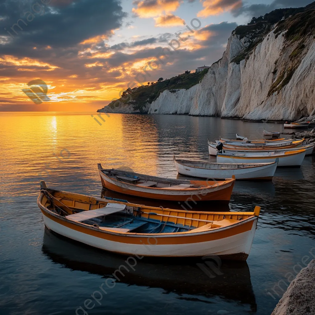 Serene fishing coastline with anchored boats and a sunset backdrop. - Image 2