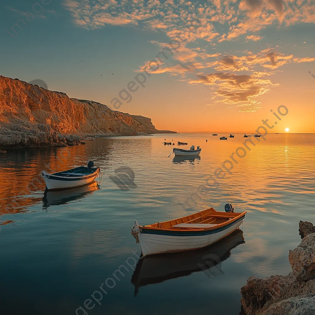 Serene fishing coastline with anchored boats and a sunset backdrop. - Image 3