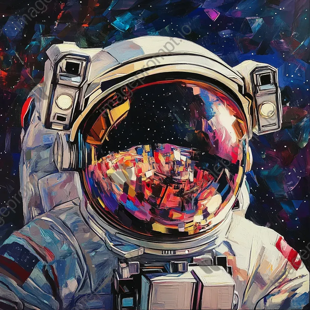 Cubist-style artwork featuring an astronaut in outer space with reflected stars - Image 1