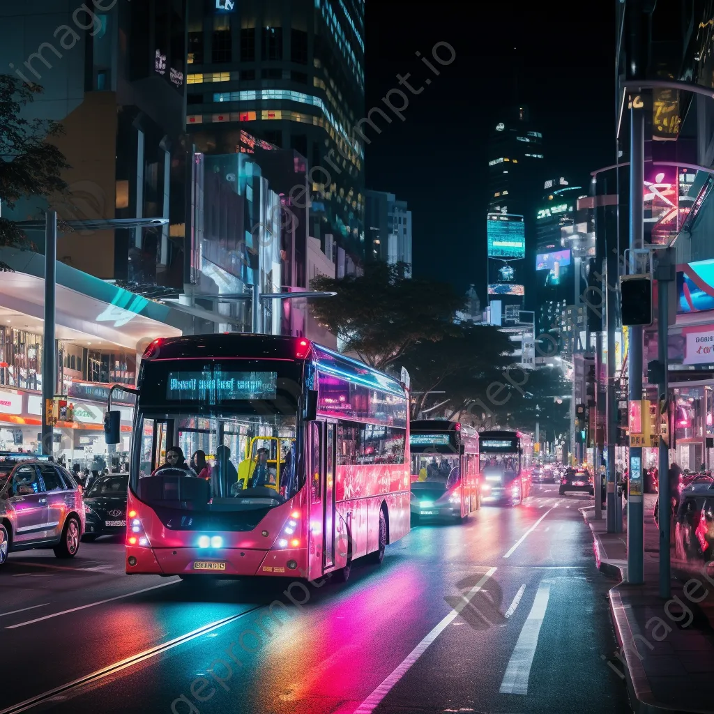 Neon buses navigating an urban intersection at night - Image 1