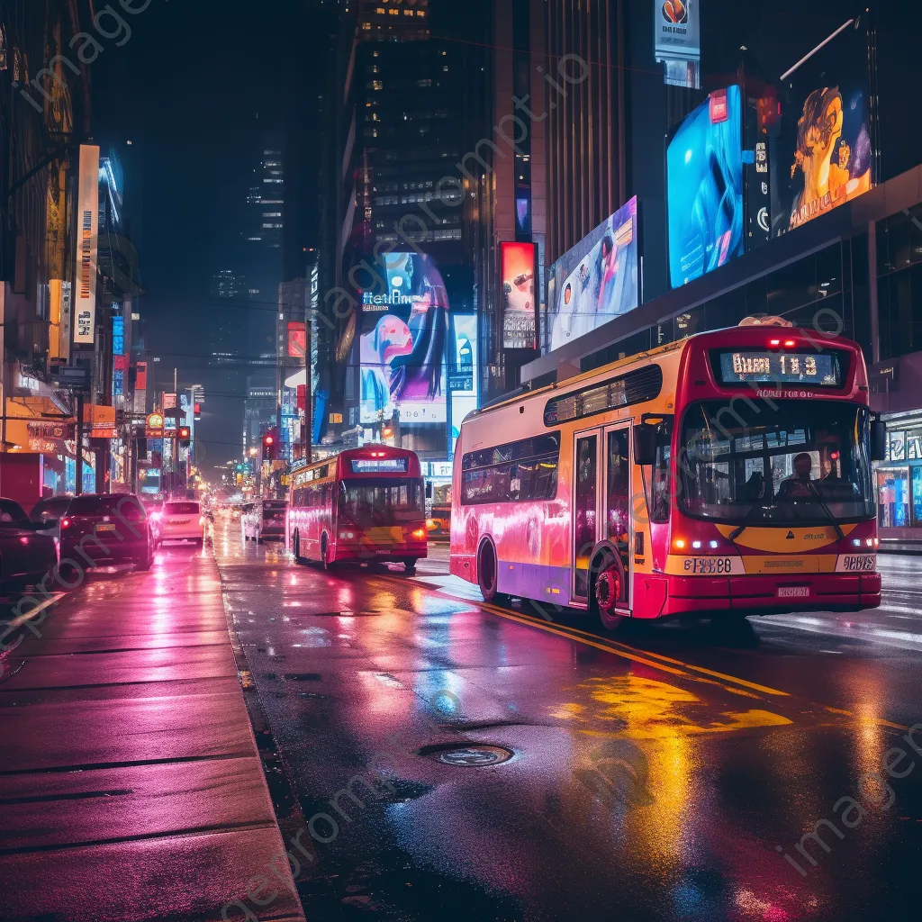 Neon buses navigating an urban intersection at night - Image 2