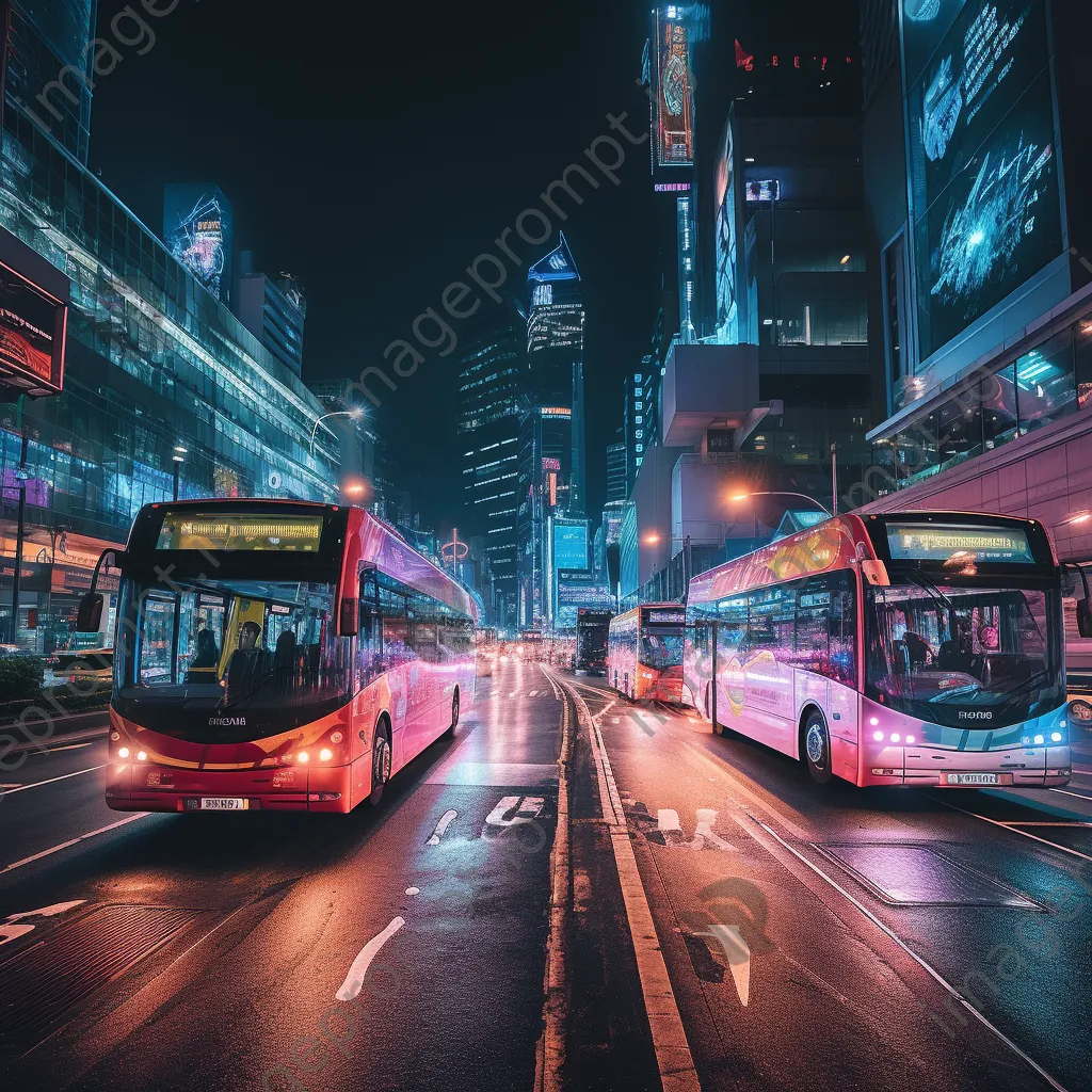 Neon buses navigating an urban intersection at night - Image 4