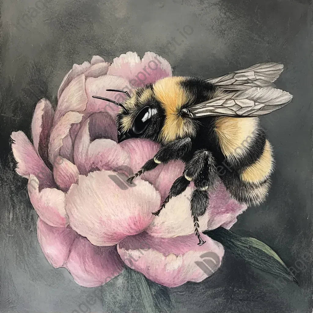 Charcoal and pastel art of a bee on a peony flower - Image 1