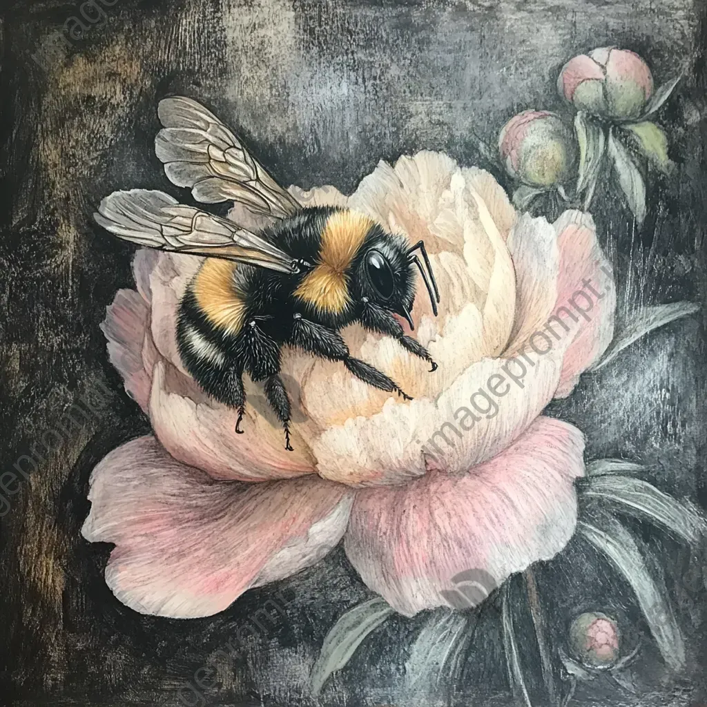 Charcoal and pastel art of a bee on a peony flower - Image 2