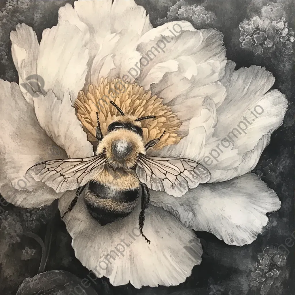 Charcoal and pastel art of a bee on a peony flower - Image 3