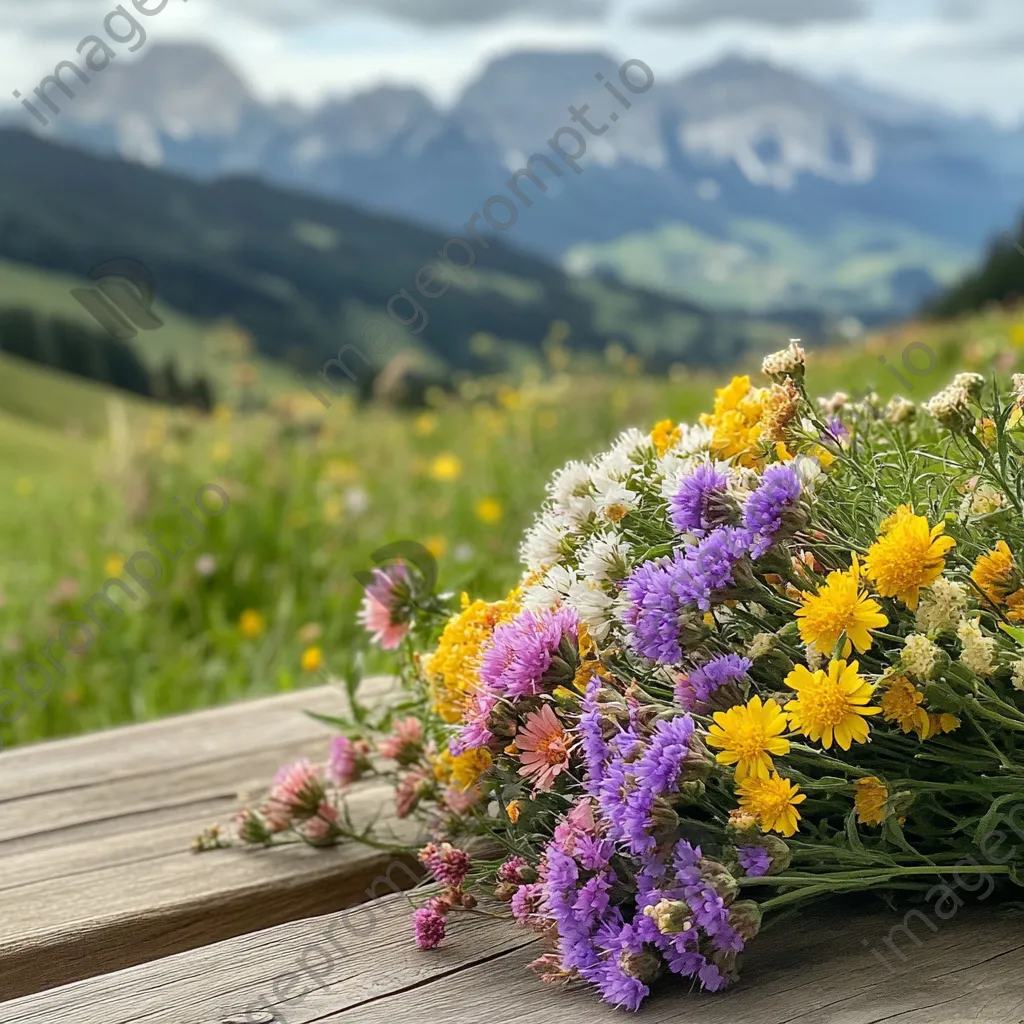 Bouquet of fresh alpine wildflowers on a wooden table - Image 1