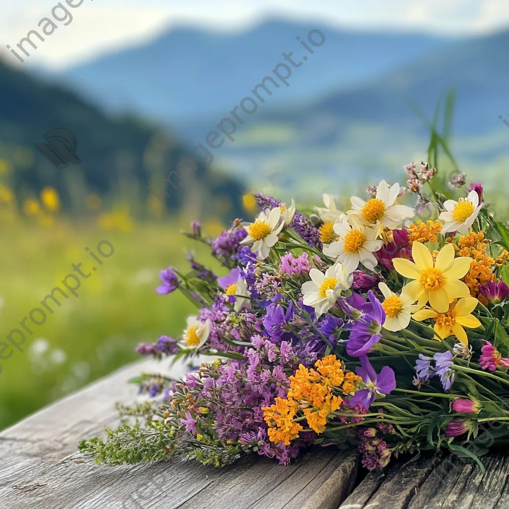 Bouquet of fresh alpine wildflowers on a wooden table - Image 2