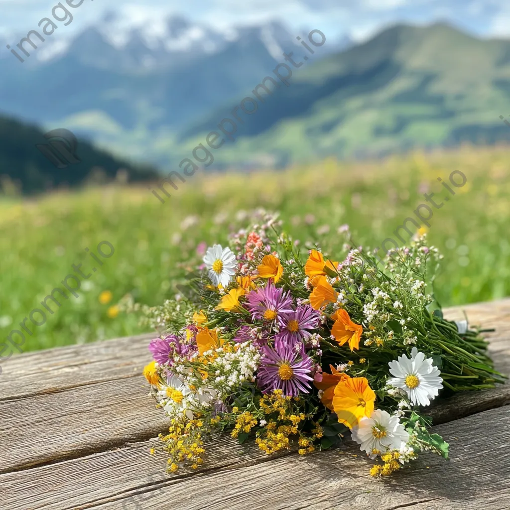 Bouquet of fresh alpine wildflowers on a wooden table - Image 3