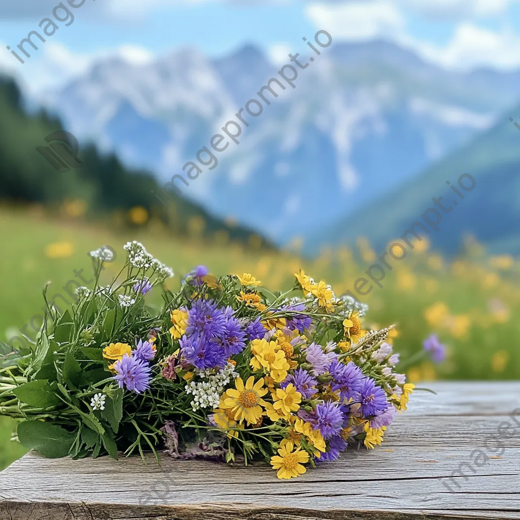 Bouquet of fresh alpine wildflowers on a wooden table - Image 4