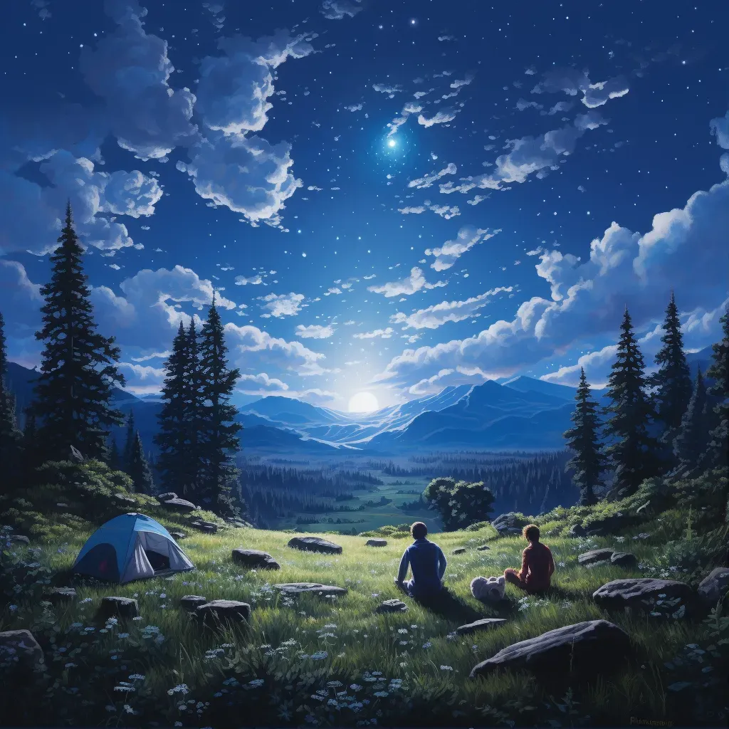 Couple backpacking under starlit sky in tranquil meadow setting up camp - Image 1