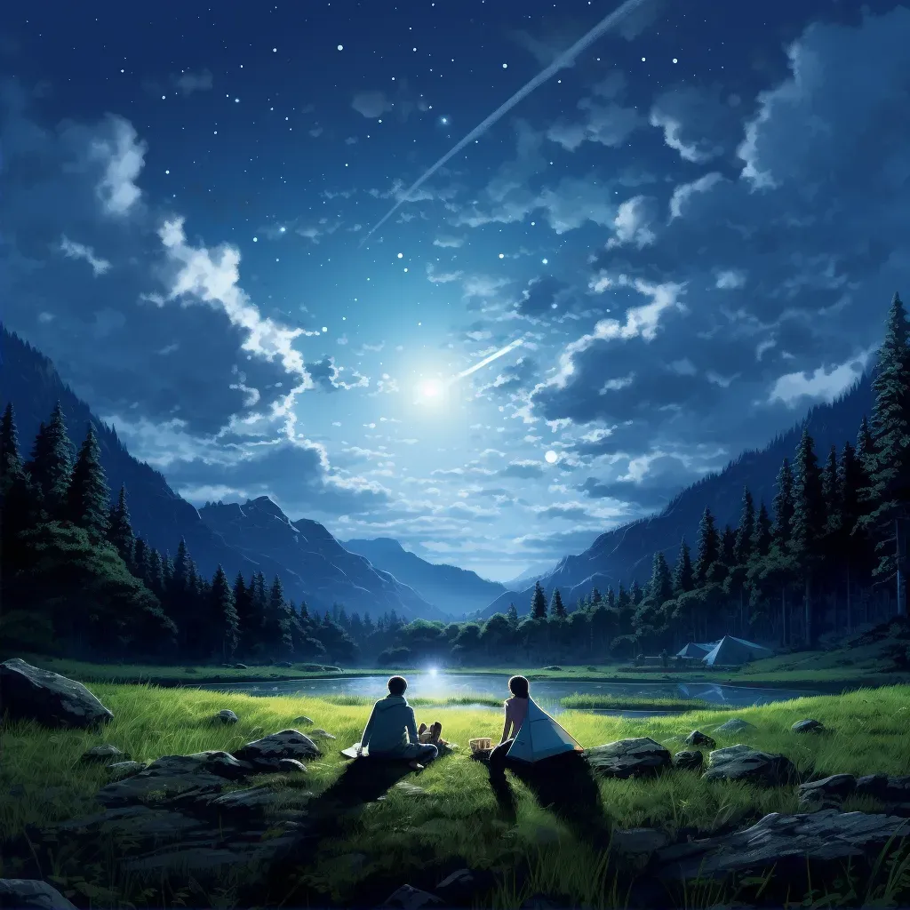 Couple backpacking under starlit sky in tranquil meadow setting up camp - Image 2