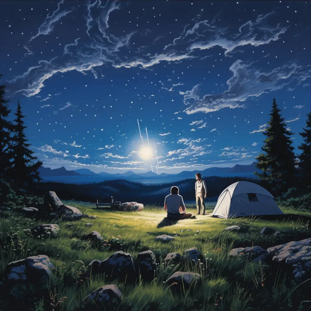 Couple backpacking under starlit sky in tranquil meadow setting up camp - Image 3