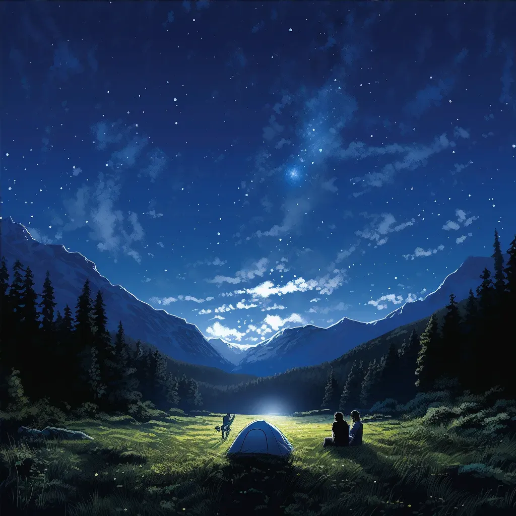 Couple backpacking under starlit sky in tranquil meadow setting up camp - Image 4