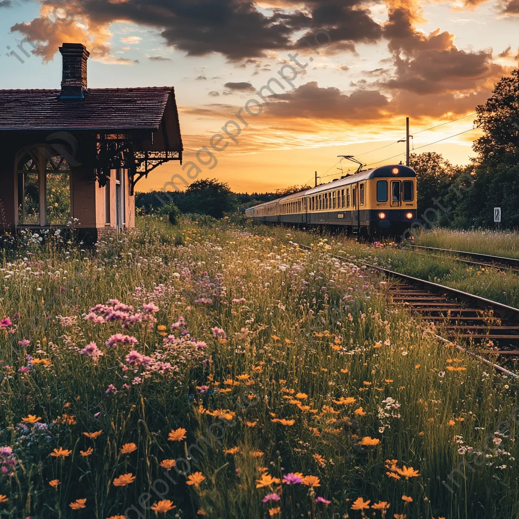 Vintage train approaching a rural station surrounded by wildflowers - Image 1