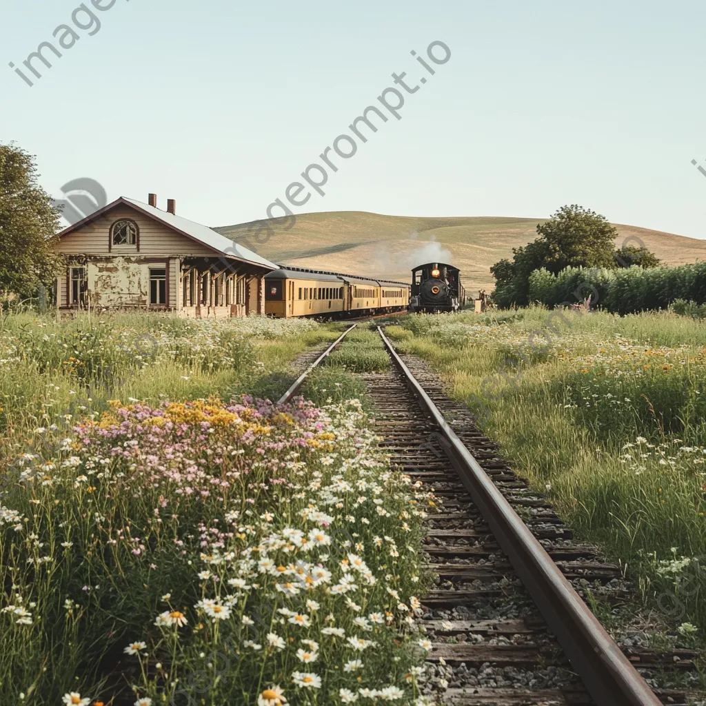 Vintage train approaching a rural station surrounded by wildflowers - Image 2