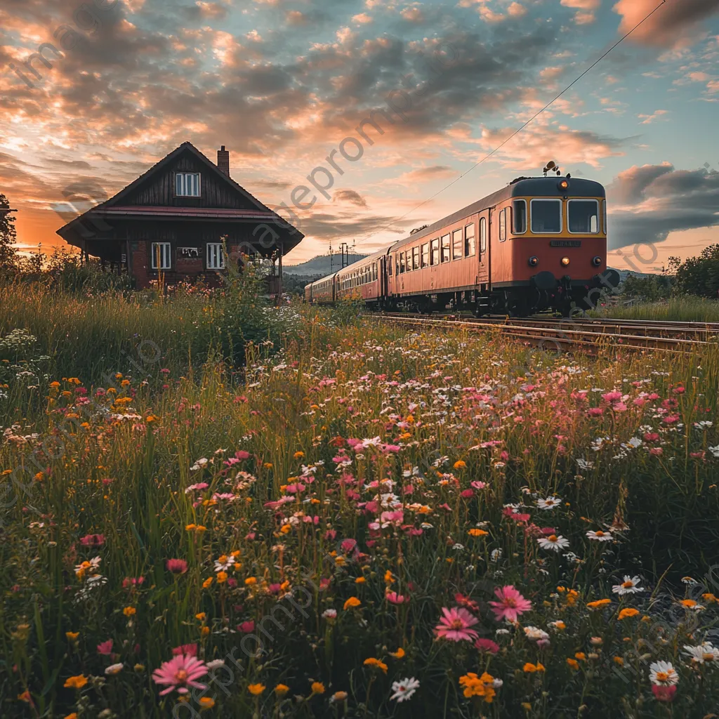 Vintage train approaching a rural station surrounded by wildflowers - Image 3