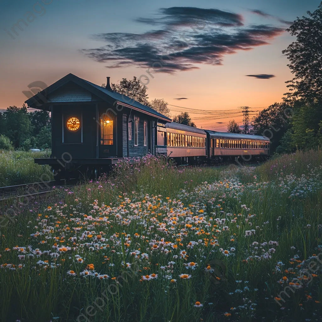 Vintage train approaching a rural station surrounded by wildflowers - Image 4