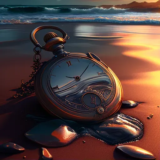 Rusted pocket watch buried in sandy beach with gentle waves - Image 1