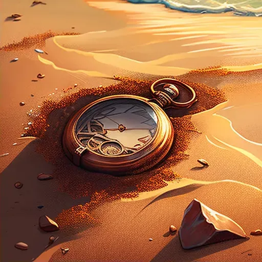 Rusted pocket watch buried in sandy beach with gentle waves - Image 2