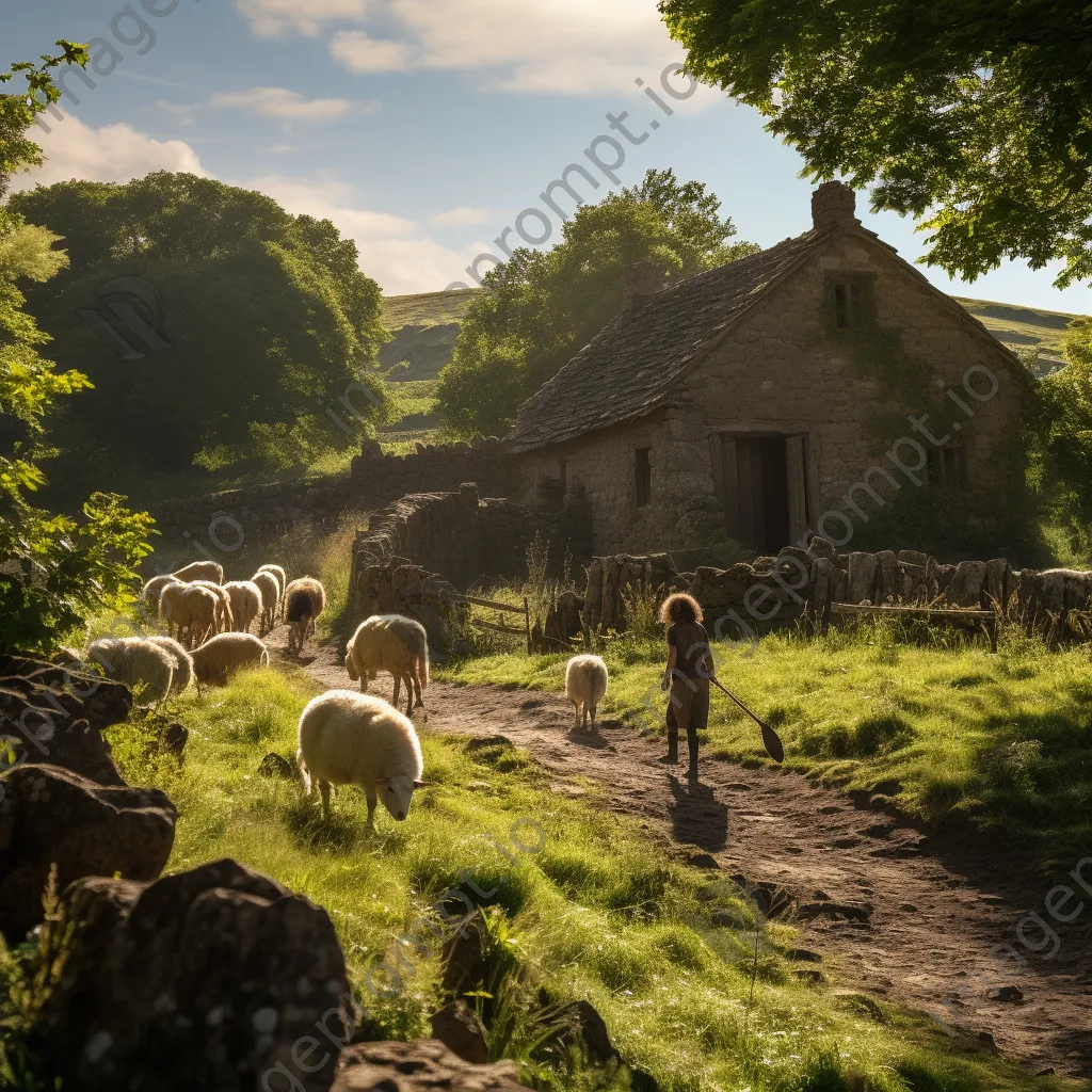 Shepherd guiding flock past a rustic stone barn amidst greenery - Image 1