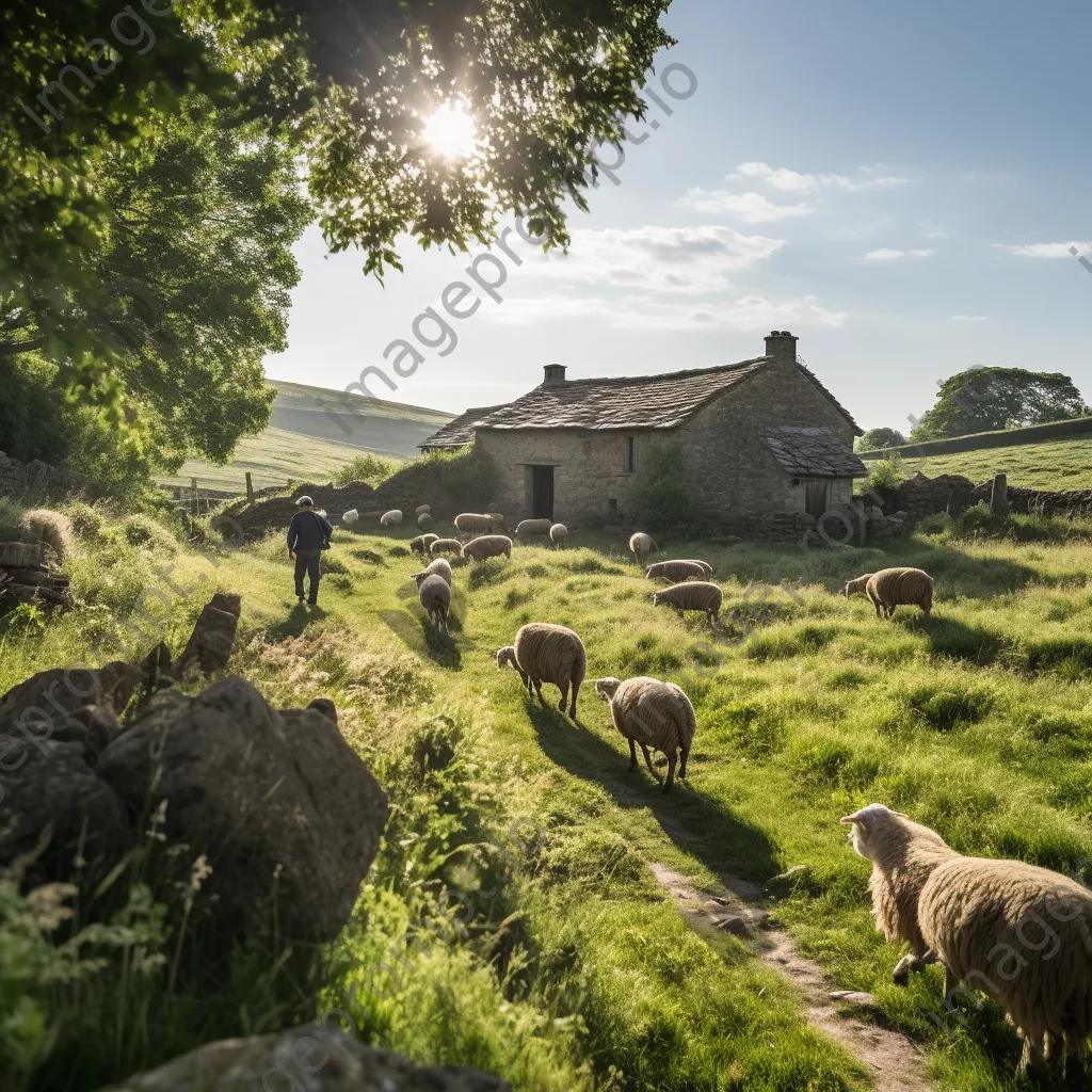 Shepherd guiding flock past a rustic stone barn amidst greenery - Image 2