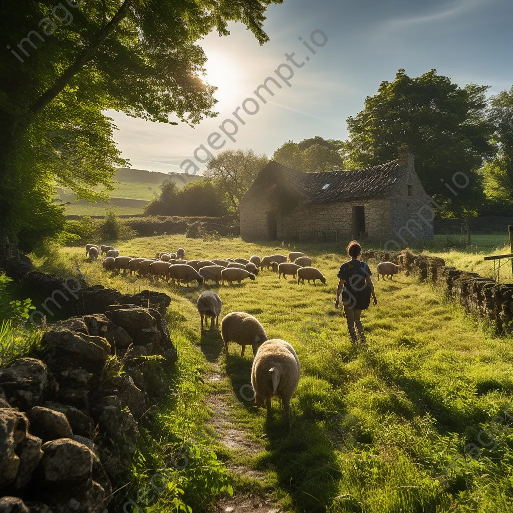 Shepherd guiding flock past a rustic stone barn amidst greenery - Image 4