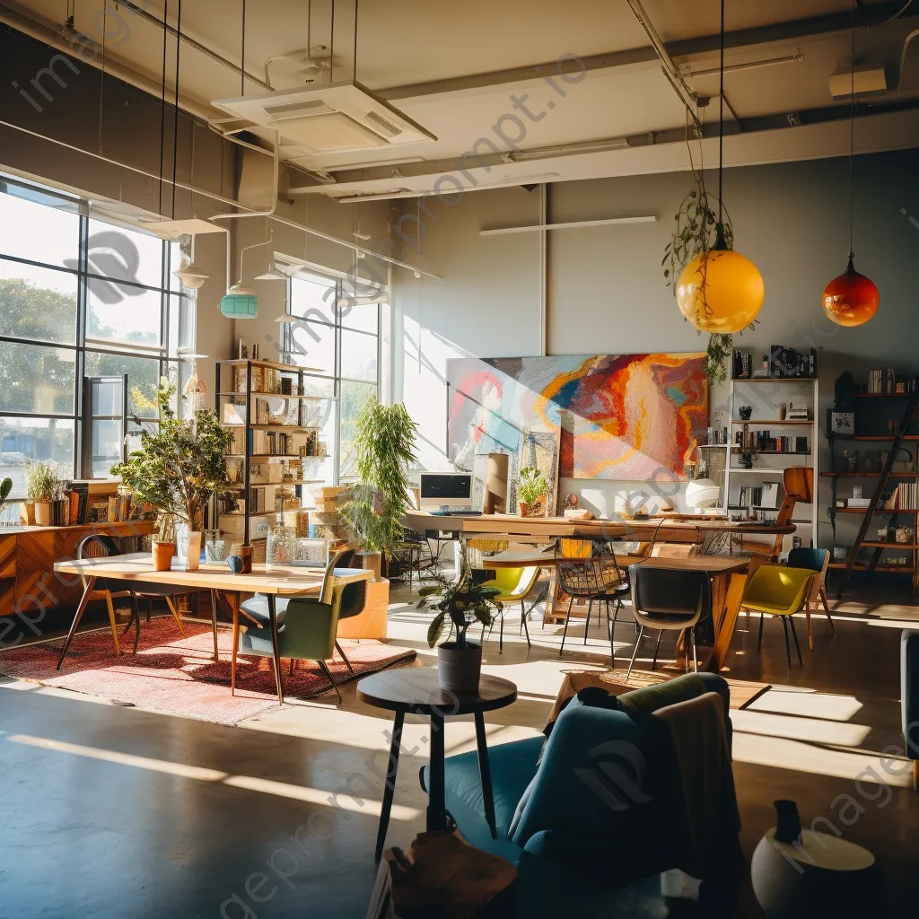 Colorful and artistic co-working space filled with creative workstations - Image 1