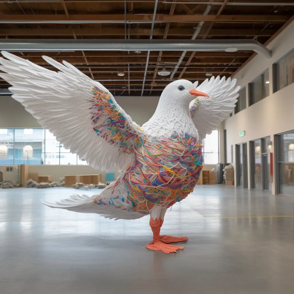 Image of a dove crafted from threads representing stories of conflict and hope. - Image 1