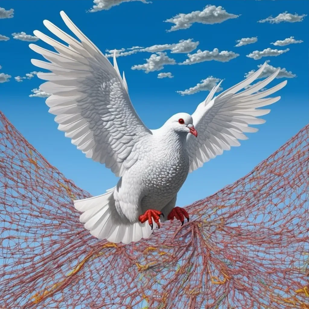 Image of a dove crafted from threads representing stories of conflict and hope. - Image 3