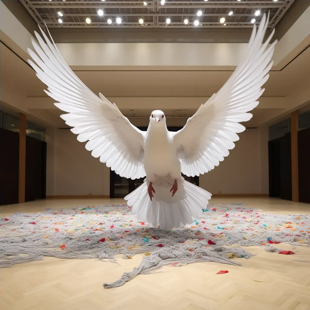 Image of a dove crafted from threads representing stories of conflict and hope. - Image 4