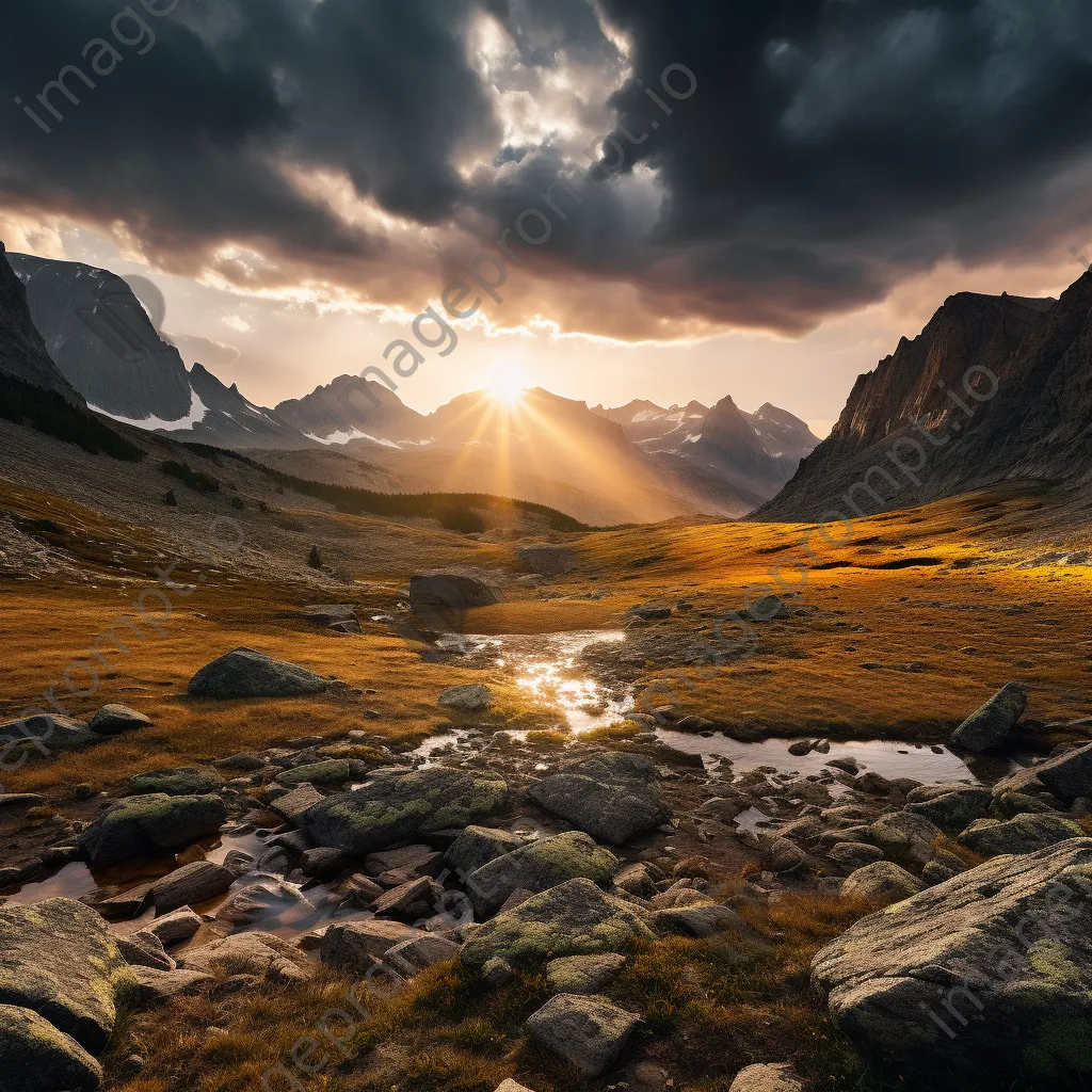 Rocky mountain plateau illuminated by sunrise and clouds. - Image 2