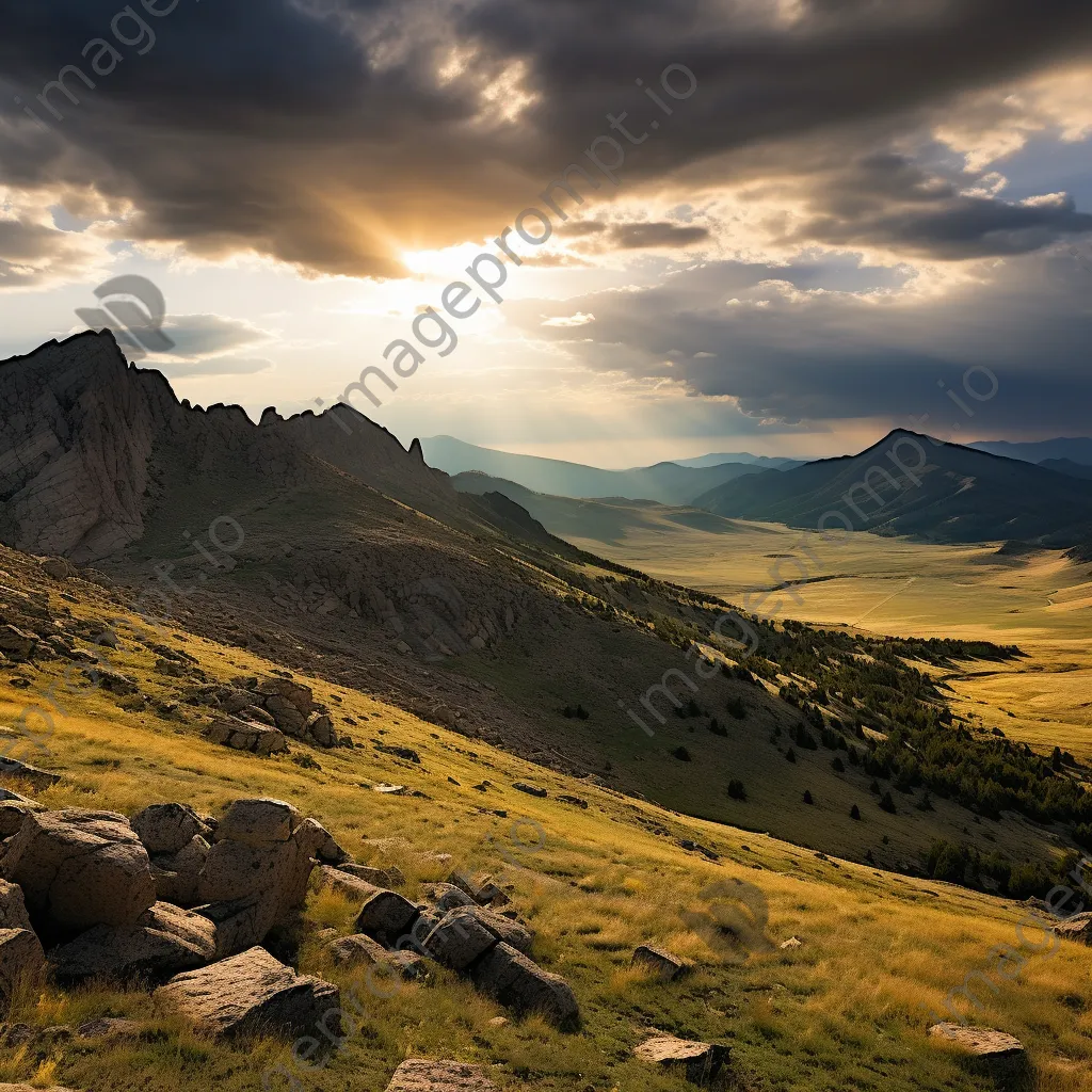 Rocky mountain plateau illuminated by sunrise and clouds. - Image 3