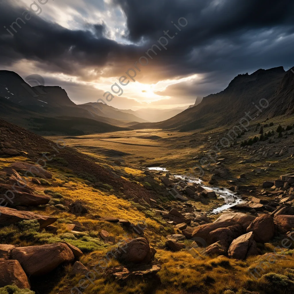 Rocky mountain plateau illuminated by sunrise and clouds. - Image 4