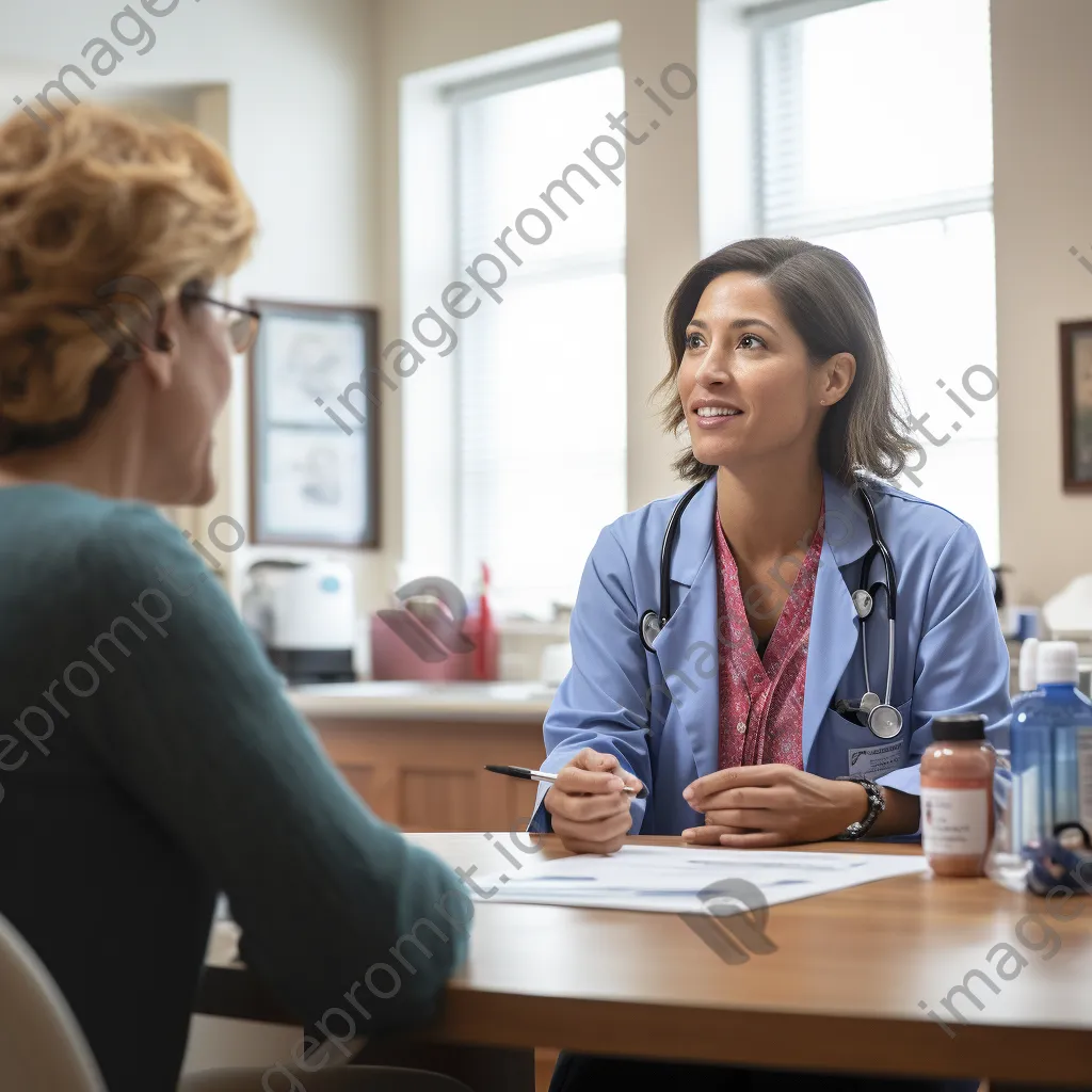 Healthcare professional talking to patient at desk - Image 1