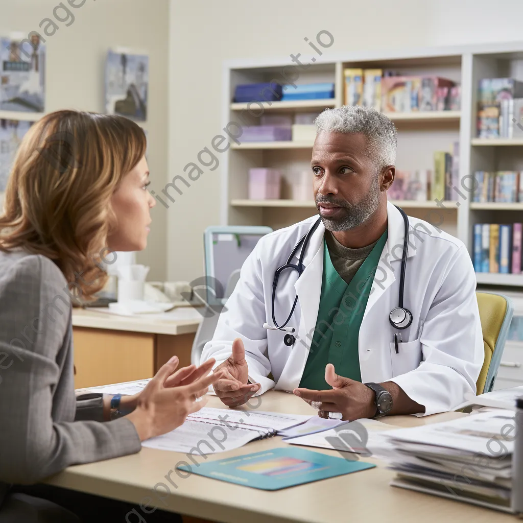 Healthcare professional talking to patient at desk - Image 2