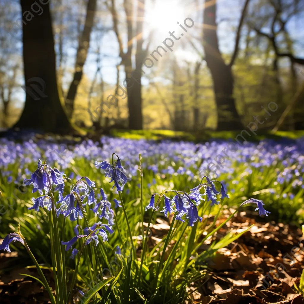 Woodland clearing in spring filled with blooming bluebells. - Image 1