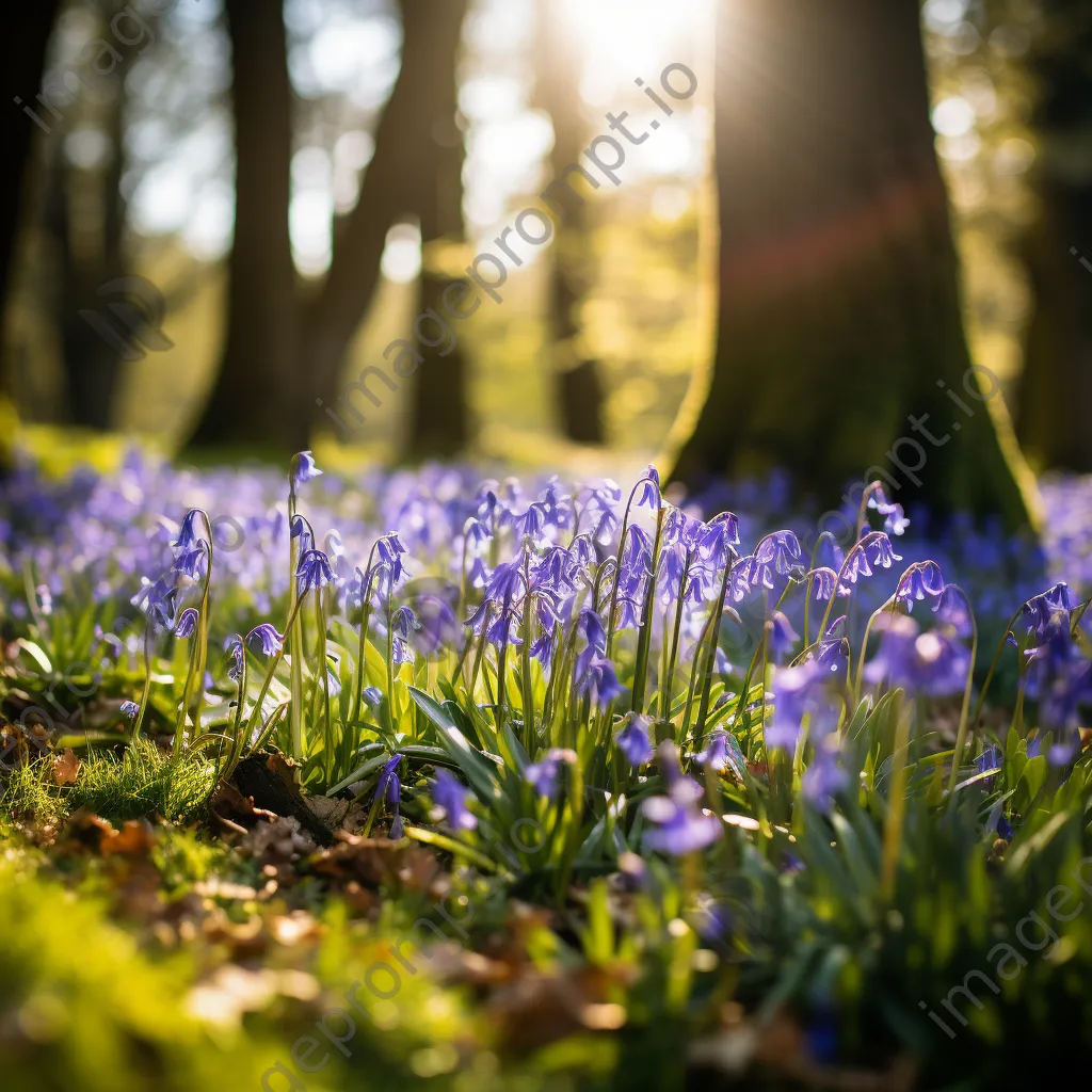 Woodland clearing in spring filled with blooming bluebells. - Image 3