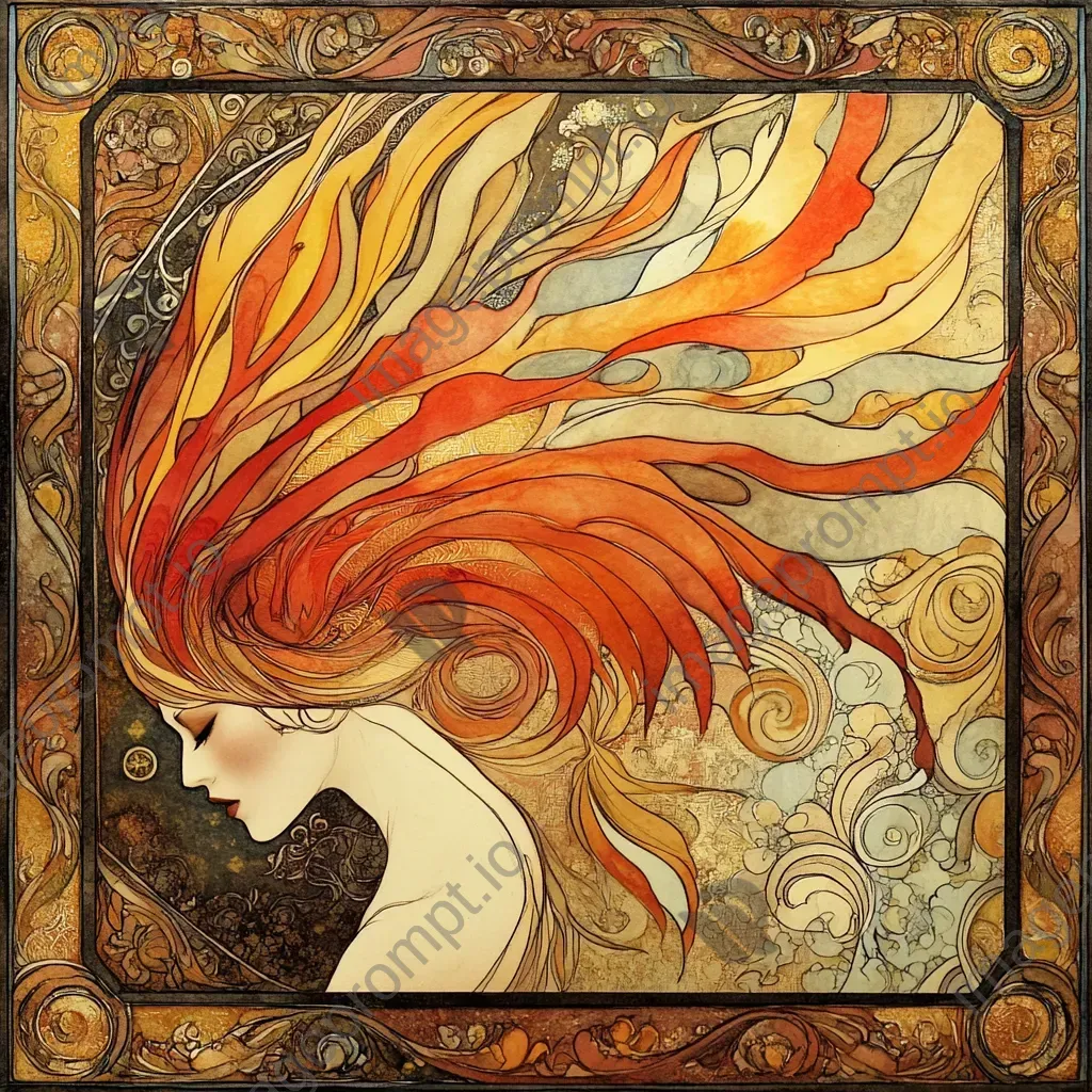 An Art Nouveau styled woman transforming in feathered flames into a firebird - Image 1