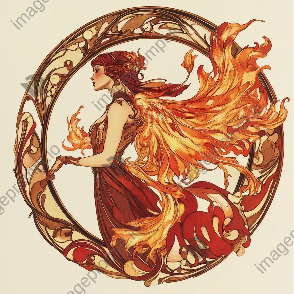 An Art Nouveau styled woman transforming in feathered flames into a firebird - Image 2