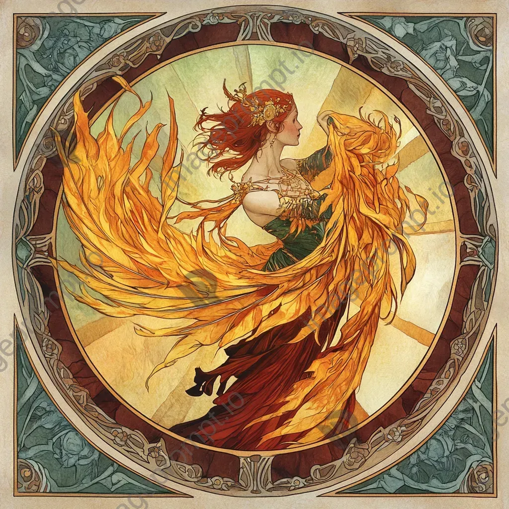 An Art Nouveau styled woman transforming in feathered flames into a firebird - Image 3