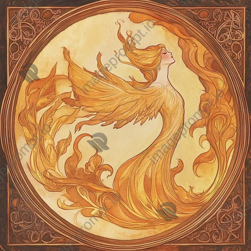 An Art Nouveau styled woman transforming in feathered flames into a firebird - Image 4