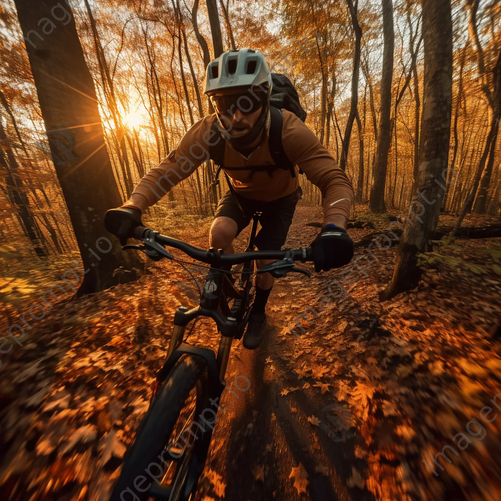 Mountain biker riding through a colorful autumn forest at sunset. - Image 1