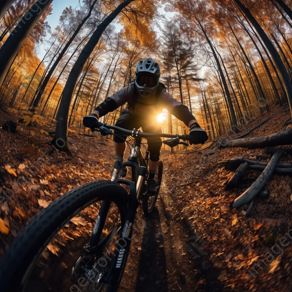 Mountain biker riding through a colorful autumn forest at sunset. - Image 2