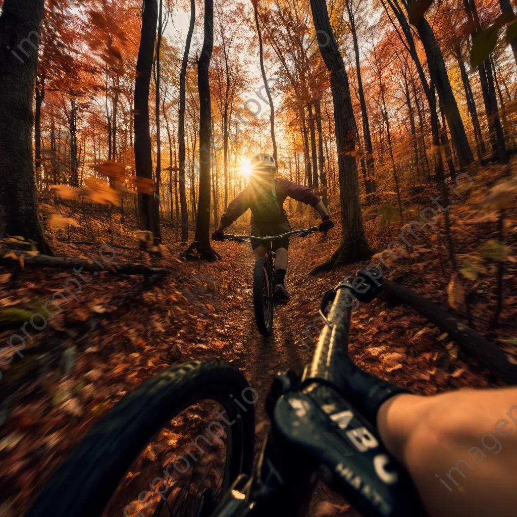 Mountain biker riding through a colorful autumn forest at sunset. - Image 3